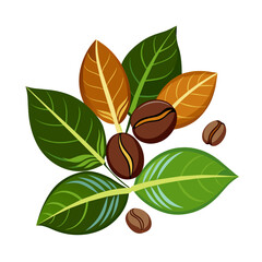 Wall Mural - coffee grains seeds with green leaves on white background