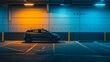 A blue used car is parked in a parking garage for sale