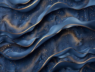 A blue and gold fabric with a wave pattern. The fabric is covered in gold glitter, giving it a luxurious and elegant appearance. The waves are flowing and seem to be made of gold