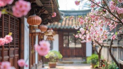 Poster - A courtyard with a pink tree and lanterns hanging from the roof