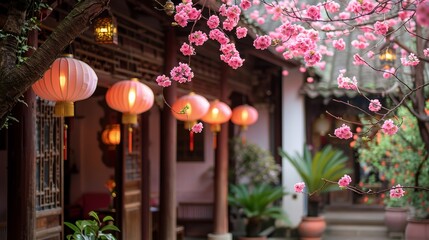 Poster - A courtyard with a pink tree and lanterns hanging from the ceiling
