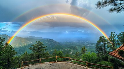   Two rainbows arch over mountain range, framing a valley and distant mountains