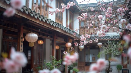 Poster - A building with a pink tree in front of it. The building has a lot of windows and a balcony