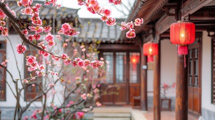 Poster - A beautiful pink tree with red lanterns hanging from it. The lanterns are lit up, creating a warm and inviting atmosphere. The scene takes place in a courtyard or garden
