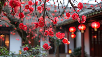 Poster - A tree with red flowers is in front of a building. The flowers are in full bloom and the tree is covered in them. The scene is peaceful and serene