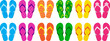 Summer flip flop icon, beach slipper, sand sandal, pool shoe set, cartoon rubber footwear isolated on white background. Comic vector illustration