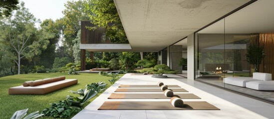 Sticker - Yoga mats on patio of modern house with plantfilled landscape