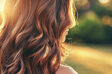 Wall Mural - A woman with long brown hair, styled in soft waves and curls. The image shows her hair shining in the sunlight