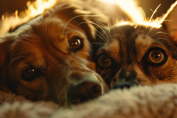 Wall Mural - Two dogs are laying on a blanket, one of them is brown and the other is black