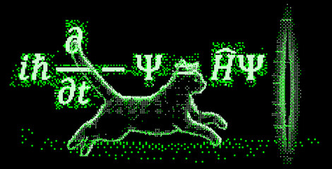 Poster - Schrodinger cat and equation in pixel art futuristic style. Conceptual vector illustration of  linear partial differential equation that governs the wave function of a quantum-mechanical system.