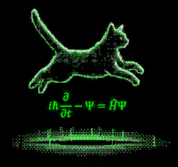 Poster - Schrodinger cat and equation in pixel art futuristic style. Conceptual vector illustration of  linear partial differential equation that governs the wave function of a quantum-mechanical system.