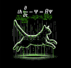 Poster - Schrodinger cat and equation in pixel art futuristic style. Conceptual vector illustration of  linear partial differential equation that governs the wave function of a quantum-mechanical system.
