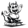 Cute little devil. Vector illustration in engraving technique of small silly devil monster with funny face.