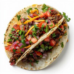 Wall Mural - Typical Homemade Juicy Mexican Taco with fresh vegetables and chicken with strong light on white background. Healthy food