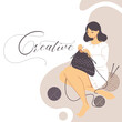 Knitting woman. Vector illustration in modern flat technique of female sitting and knitting clothing.