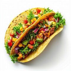 Wall Mural - Typical Homemade Juicy Mexican Taco with fresh vegetables and chicken with strong light on white background. Healthy food