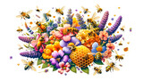 Fototapeta  - A lively swarm of bees is illustrated in a sea of vibrant flowers and honeycomb, celebrating the beauty and importance of pollination. May 20, World bee day