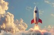 Vintage toy rocket launching with billowing smoke against a pastel blue sky, depicting imagination and exploration - AI generated