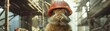 A fluffy bunny donning a hard hat at a busy construction site, combining cuteness with construction chaos