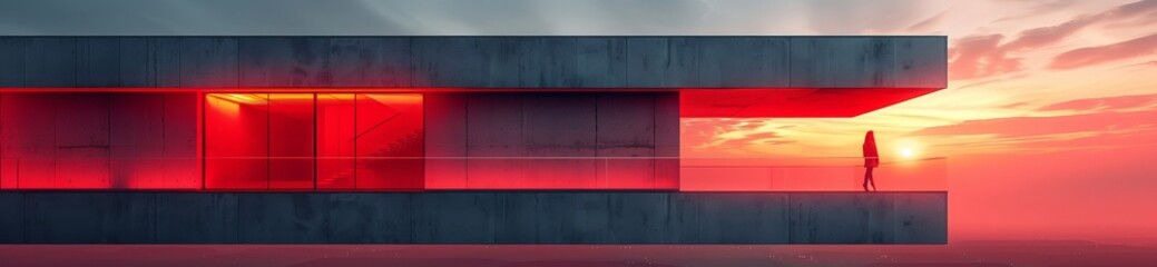 Wall Mural - a black rectangular building with red light