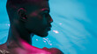  Summer Seduction: Poolside Aesthetics. Sultry Swim: The Allure of the Summer Pool. Sexy man at the pool psihodelic pink enviroment and sky. 