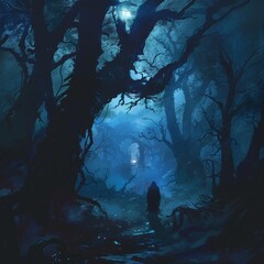 Poster - a person walking through a dark forest