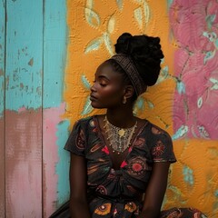 Wall Mural - a woman sitting in front of a painted wall