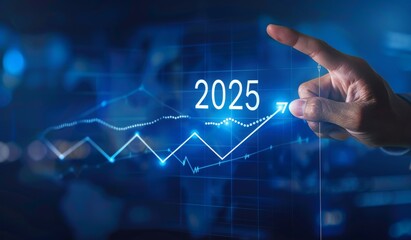 Canvas Print - A man is pointing at a graph on a computer screen that says 2025. Concept of progress