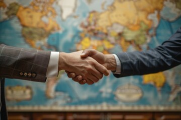 Wall Mural - Two men shaking hands in front of a world map