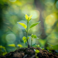 A nature concept image of a seedling to 
Growing tree. Natural background in a  beautiful green color.