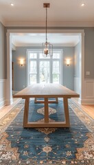 Wall Mural - a minimalist white oak wood dining table placed in the empty dining room of a classic American style home, illustration made with Generative Ai