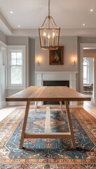 Wall Mural - a minimalist white oak wood dining table placed in the empty dining room of a classic American style home, illustration made with Generative Ai