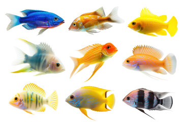 A collection of brightly colored fish in various sizes and shapes