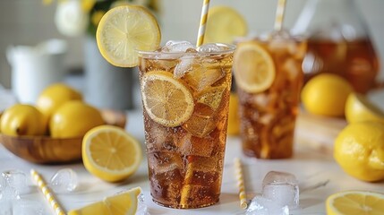 Wall Mural -   Two glasses of iced tea, each garnished with lemons and straws, sit on the table alongside additional lemons and lemon wedges