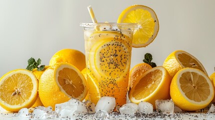 Wall Mural -   A glass filled with lemonade, garnished with lemons, ice cubes, and a centrally placed straw