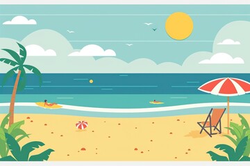 Wall Mural - Beautiful sea summer or spring cartoon style background. Golden sand beach with blue ocean and cloudscape. Summer theme background. High quality AI generated image