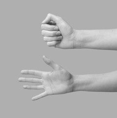 Female hand gestures: palm open, showing signs with fingers; wrist and arm in clear communication