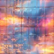 An animated 3D visualization of a sunset reflecting off glass buildings, with each tile transitioning smoothly to show the changing colors of the sky. Seamless Pattern, Fabric Pattern, Tumbler Wrap, M