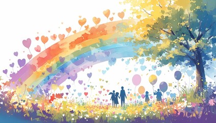 Wall Mural - A family holding hands standing under the rainbow, drawn in the style of a child with crayons, hearts and balloons in the background