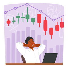 Poster - Relaxed Trader Male Character Sits At Desk, Casually Monitoring Online Market App On Laptop, Cartoon Vector Illustration