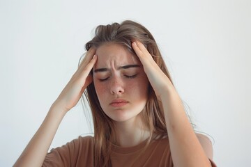 A close-up of a distressed woman holding her head, her face contorted in discomfort, eyes closed, against a neutral background. Headache, stress