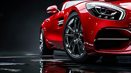 Luxury expensive red car parked on black background. Sport and modern luxury design car. Automotive advertising banner.