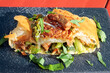 Stuffed puff pastry with asparagus, parmesan, wild garlic and 
pieces of meat,
