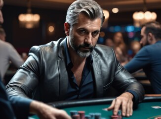 Portrait of a man sitting at a poker table in a casino