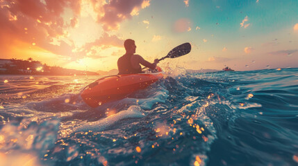 A man is actively paddling a kayak on top of a body of water