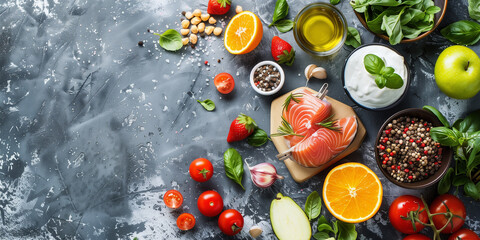 Wall Mural - Healthy food clean eating selection: salmon, tomatoes, herbs, olive oil, spices on a stone background. Top view with copy space.