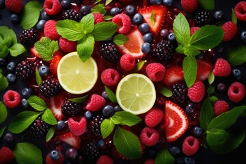 Wall Mural - A colorful fruit salad with strawberries, blueberries, raspberries, and lime