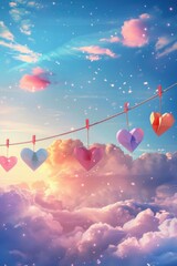 Sticker - A row of paper hearts hanging from a line in the sky