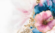 elegant pink and blue flowers alcohol ink background with gold glitter elements