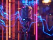 The microphone glows under neon lights, with visible sound waves illustrating the vibrant pulse of a popular podcast